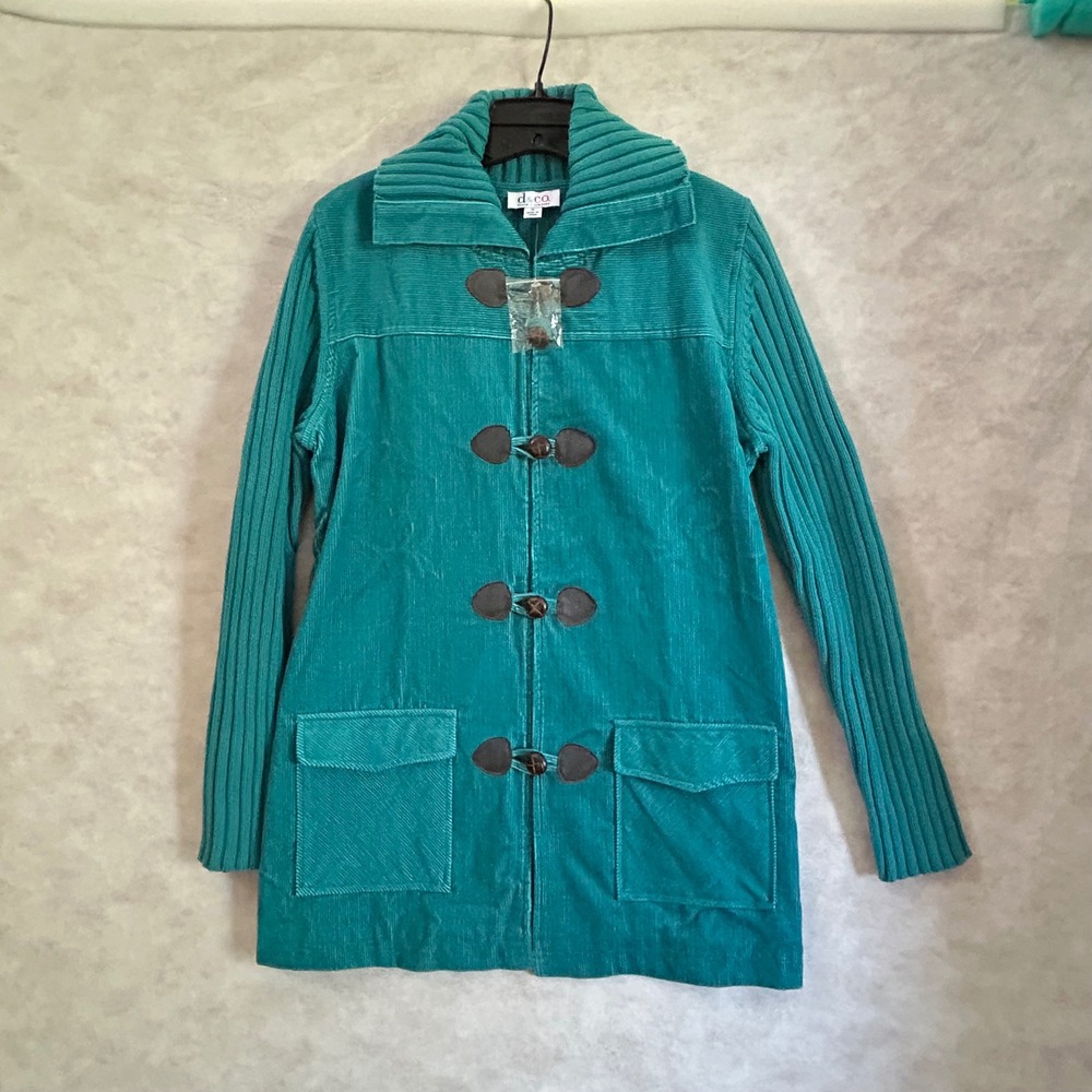 Denim & Co Teal Corduroy Mixed Media Toggle Jacket Ribbed Knit Back Medium
